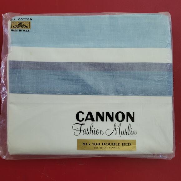 Cannon Fashion Muslin Double Bed Flat Sheet Blue Stripe 81 x 108 NEW USA 1970s - Picture 1 of 3
